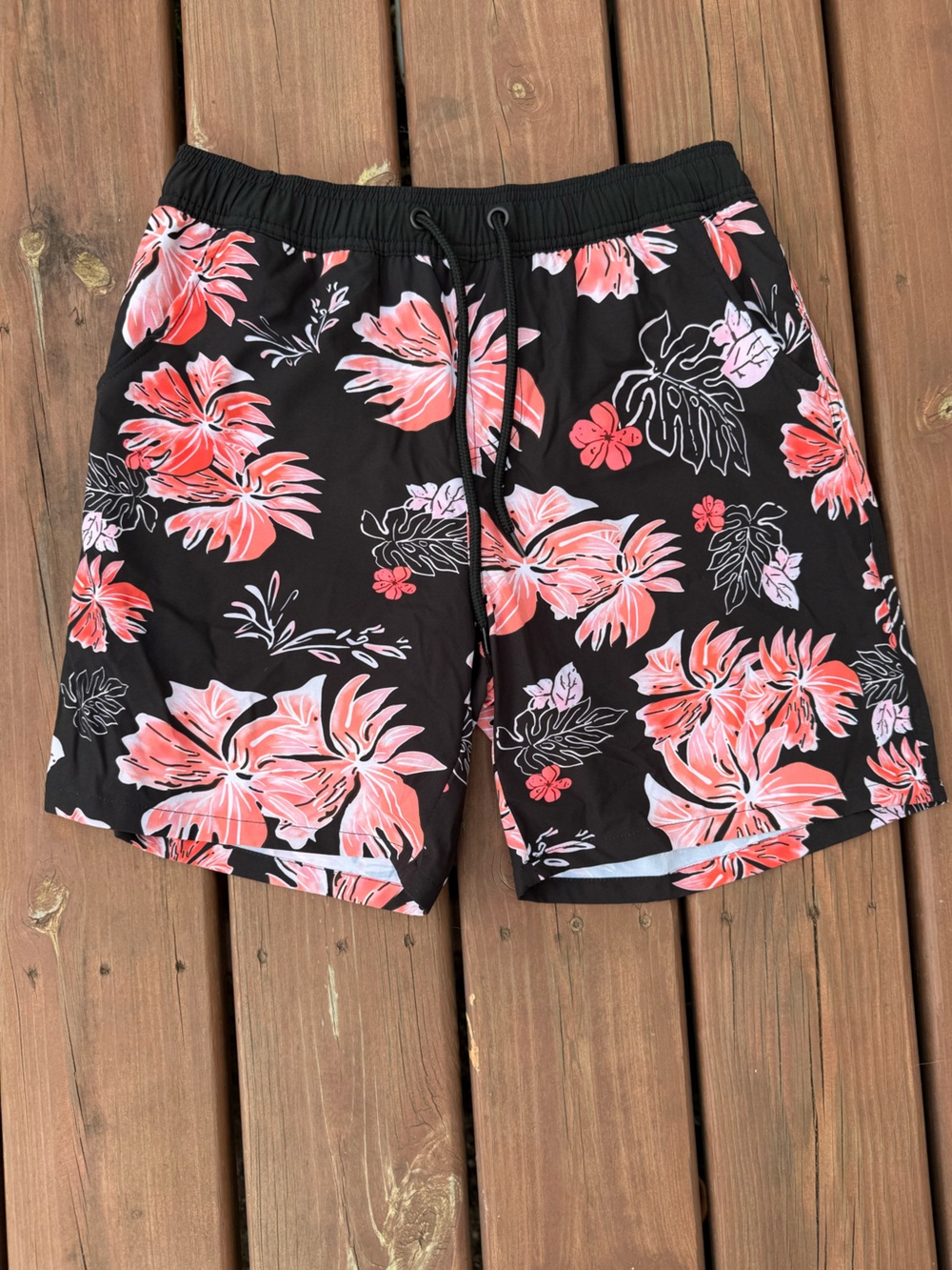 Black Floral Swim Shorts with Coral & Pink Hibiscus Print